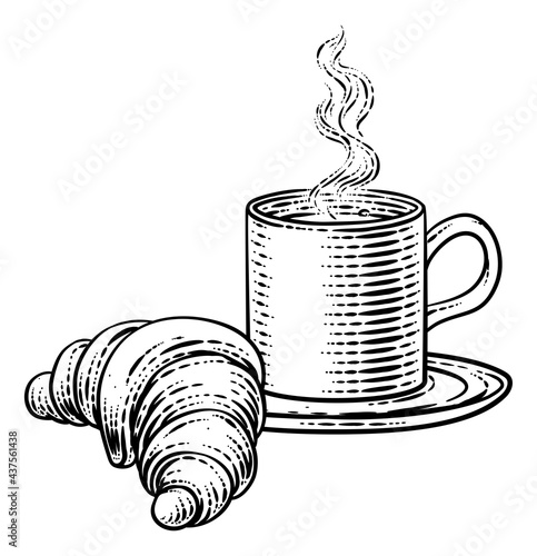 Coffee Tea Cup Mug and Croissant Woodcut photo