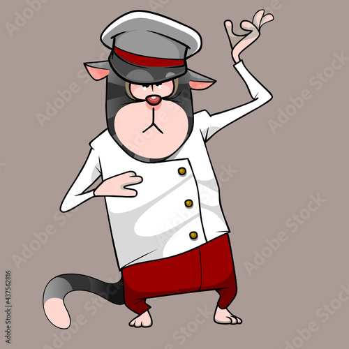 cartoon cat in a white jacket red pants and a cap with a raised paw