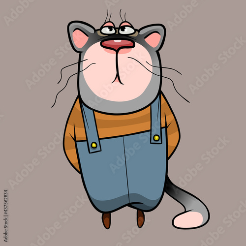 cartoon cat in overalls stands on its hind legs and looks up