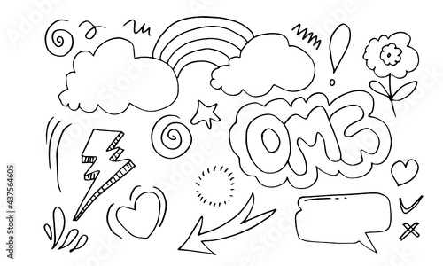 hand drawn set elements, black on white background. arrow, heart, love, star, thunder, flower, crown, swish, emphasis, swirl for concept design