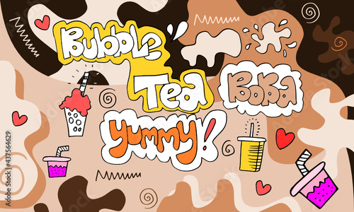 Bubble milk tea Special Promotions design, Boba milk tea, Pearl milk tea , Yummy drinks, coffees and soft drinks with logo and doodle style advertisement banner. Vector illustration.