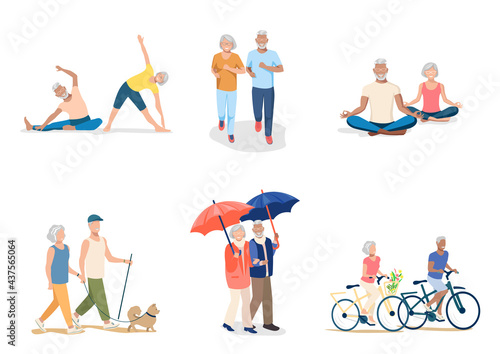 Active elderly people walk, run, ride bicycles, do gymnastics, do yoga. Set of vector illustrations of active elderly couple.