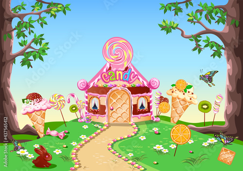 Fototapeta Naklejka Na Ścianę i Meble -  sweet little house with chocolate, waffles and cookies, decorated with sweets, stands in a forest glade. Fairy tale background with gingerbread house in cartoon style vector illustration.