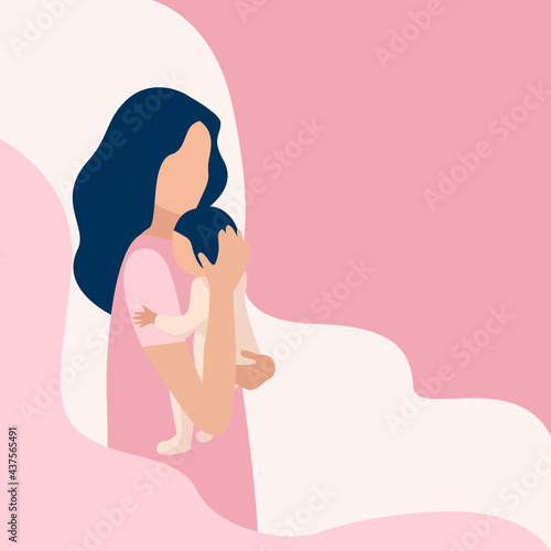 Happy mom with baby in her arms after childbirth. The joy of motherhood. Love and care for children. Mother's day, vector illustration on an abstract minimalistic background.