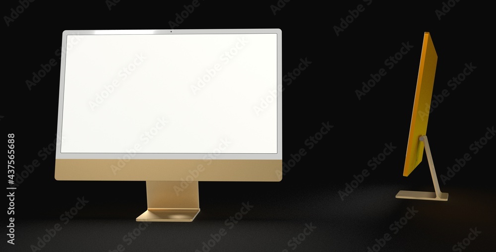 Realistic 3D Computer, with a white screen, isolated on a background dark gold Realistic 3D Computer, with a white screen, isolated on a background dark gold