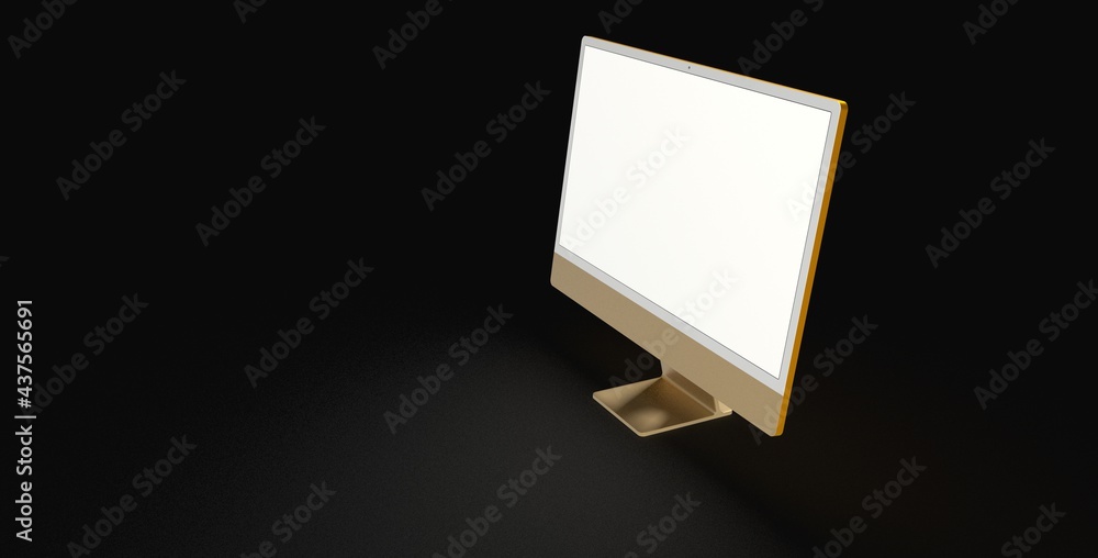 Realistic 3D Computer, with a white screen, isolated on a background dark gold Realistic 3D Computer, with a white screen, isolated on a background dark gold
