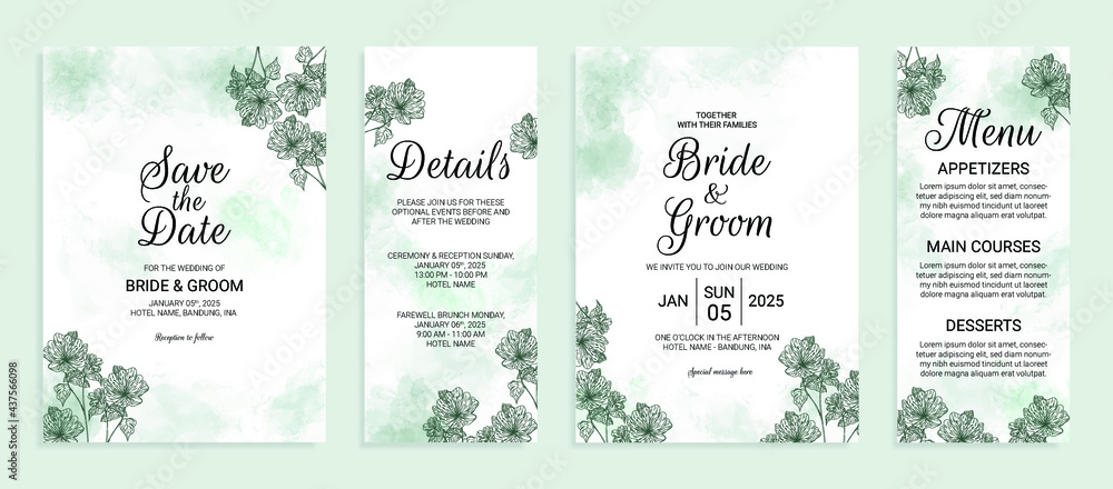 wedding invitation card template set with watercolor background and hand drawn floral decoration