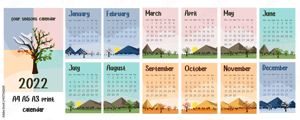 2022 monthly calendar with four season illustration. Blossom spring planner, winter blue background, orange autumn design and green summer landscape. - obrazy, fototapety, plakaty 