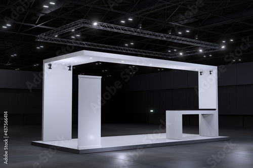Exhibition standing for mockup and Corporate identity. Retail booth design elements in Exhibition hall .3d render. photo