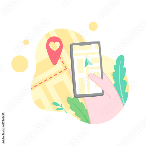 Vector illustration of a telephone in hand. A person uses a navigator on a mobile device. Search for a location on the map. Isolated on white background.