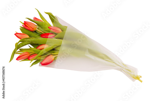 bouquet of red tulips in  the package,  flowers in plastic wrap, romantic gift in cellophane, packed beautiful present