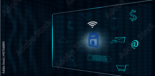 Internet interface security on blue virtual screen with customer  secure connection Icons. Copy space text. 