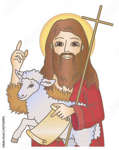 John the Baptist, major religious figure in Christianity with a little lamb and wooden cross in his hand vector illustration