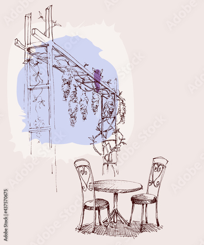 City restaurant table under wisteria shrubs  vector sketch