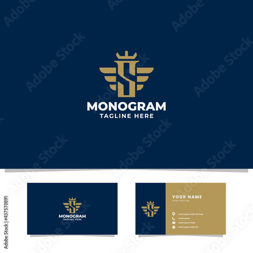 Simple and minimalist gold letter S monogram initial logo with wings and crown in blue background