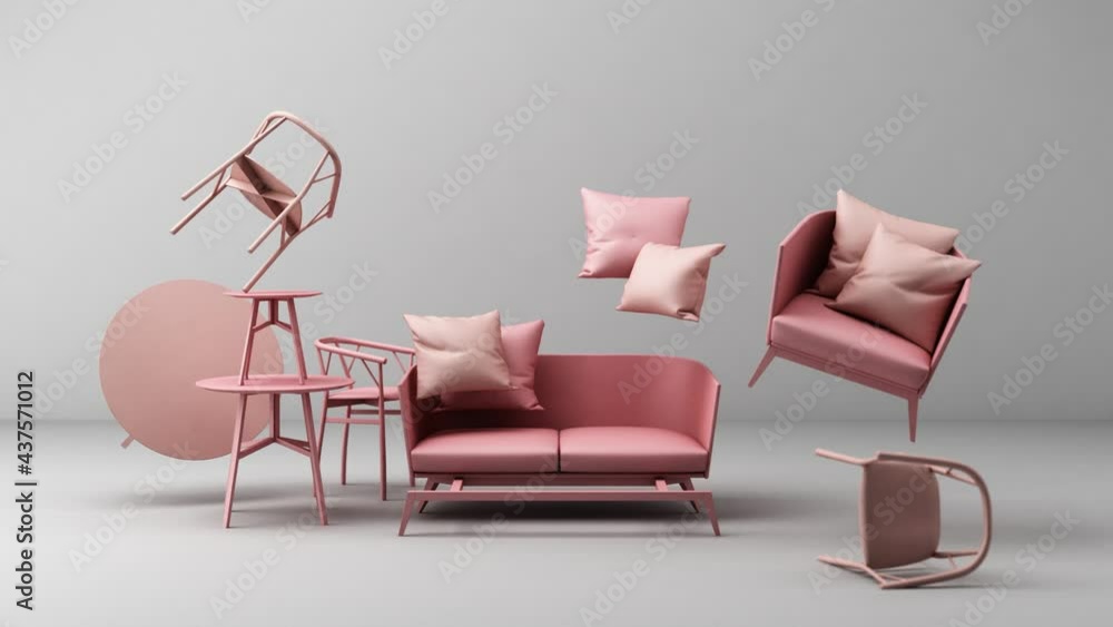Armchair seat and chair with Geometric shape pastel colour 3d rendering 