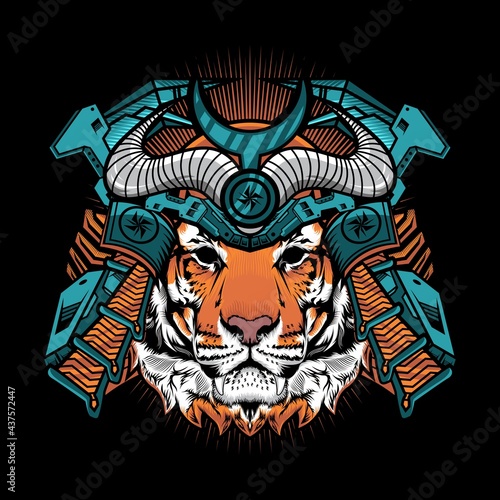 Tiger Samurai with War Helmet Detailed Vector Illustration Design