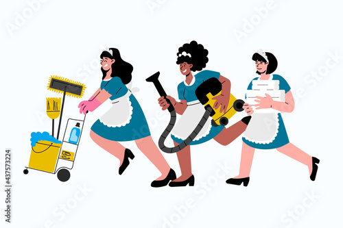 Fototapeta Naklejka Na Ścianę i Meble -  Caucasian,african-american hotel maids in uniform hurry to clean up in hotel room.Vector illustration.