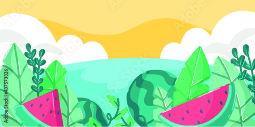 Nature And Tropical Seascape Banner Doodle Illustration