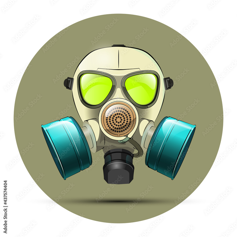Gas mask respirator skull breather on round background. Protective radiation suit in circle badge. Breathing gas mask apparatus with two filters. Color illustration Gas mask respirator skull breather on round background. Protective radiation suit in circle badge. Breathing gas mask apparatus with two filters. Color illustration