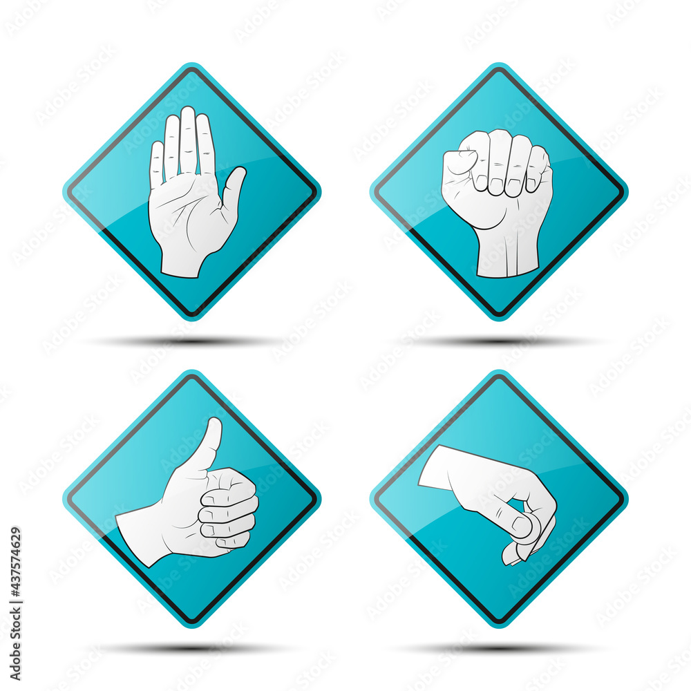 Collection human hand various gestures sketch on background road sign, thumbs up knuckles outline, open palm icon Collection human hand various gestures sketch on background road sign, thumbs up knuckles outline, open palm icon