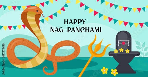 Happy Nag Panchami greeting card with king cobra. Snake Festival in India. Vector illustration photo