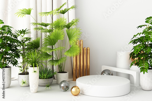 Mock up composition of white geometric shape gold and glass texture with plant flower and leaf  podium for product design  3d rendering  3d illustration