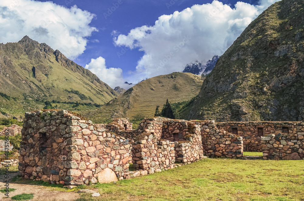 Llactapata ruins on Inca trail to Machu Picchu archaeological site from the Inca's ancient civilization in Peru. South America