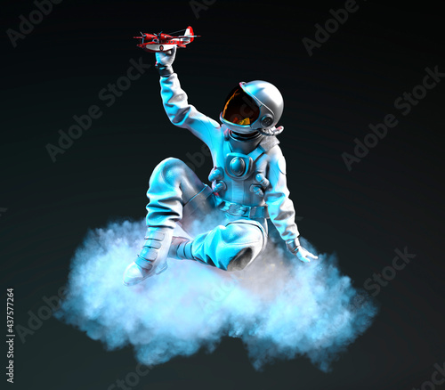 Astronaut sitting on a cloud holds a small airplane in his hand, black background. 3D illustration