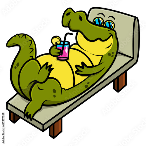 Funny Alligator cartoon characters lying on the lounge chairs while drink a cocktails, sunbathing on the beach at summer vacation, best for sticker and decoration with summer party beach themes photo