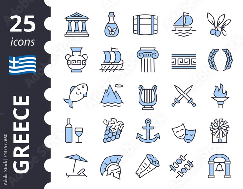 Greece, greek culture - icon set.  Vector line symbols collection. Historical, state, art, food signs.