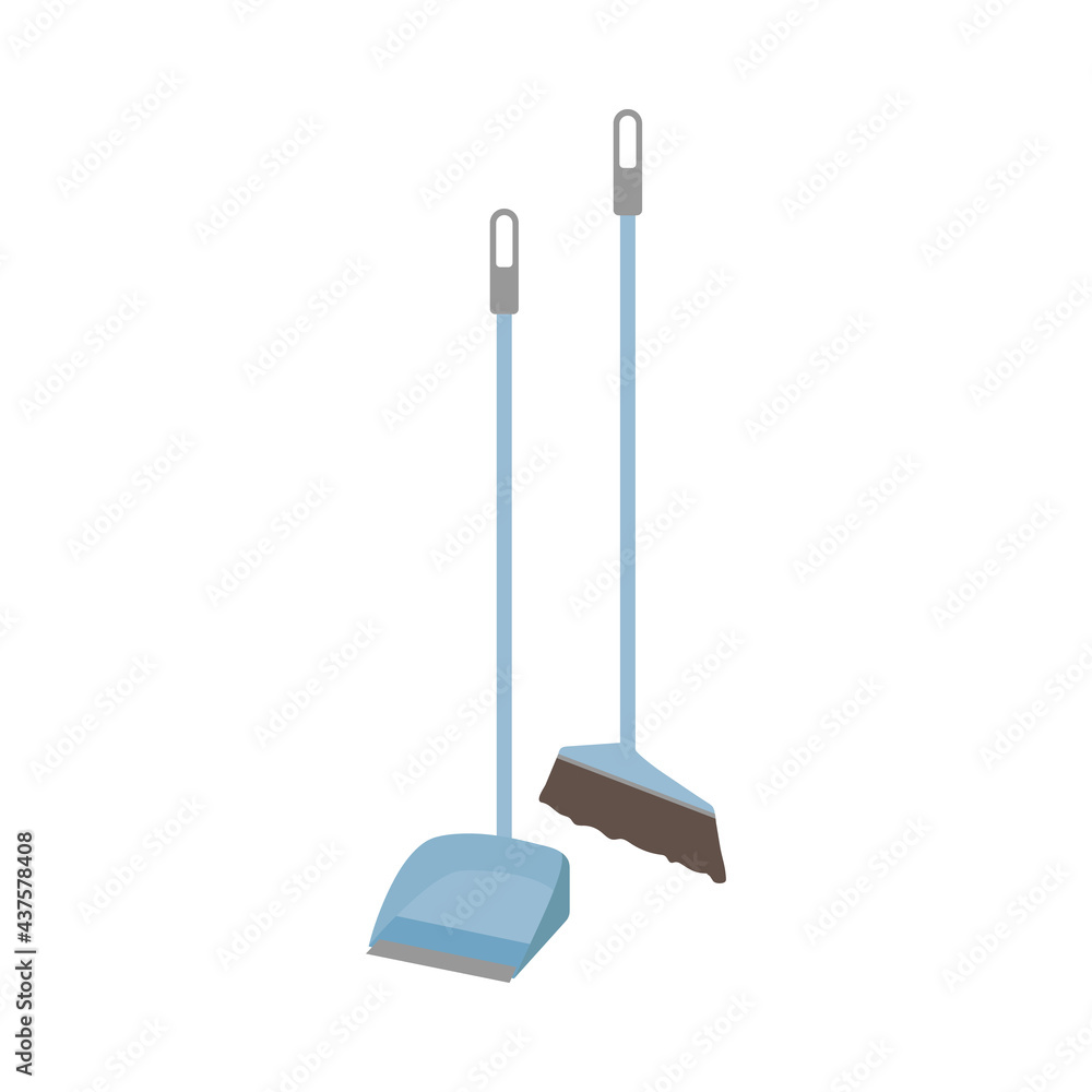 Flat cleaning item, dust pan with broom for cleaning. Long handle brush, dustpan icon. Cleaning service concept. Stock vector illustration isolated on white background. Can be used as a symbol or sign Flat cleaning item, dust pan with broom for cleaning. Long handle brush, dustpan icon. Cleaning service concept. Stock vector illustration isolated on white background. Can be used as a symbol or sign