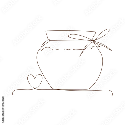 Preserved food, jar for jam, for honey, autumn and winter preservation. Simple line art glass canning jar with heart. Simple sketch, black line, outline style, linear silhouette, one line drawing.