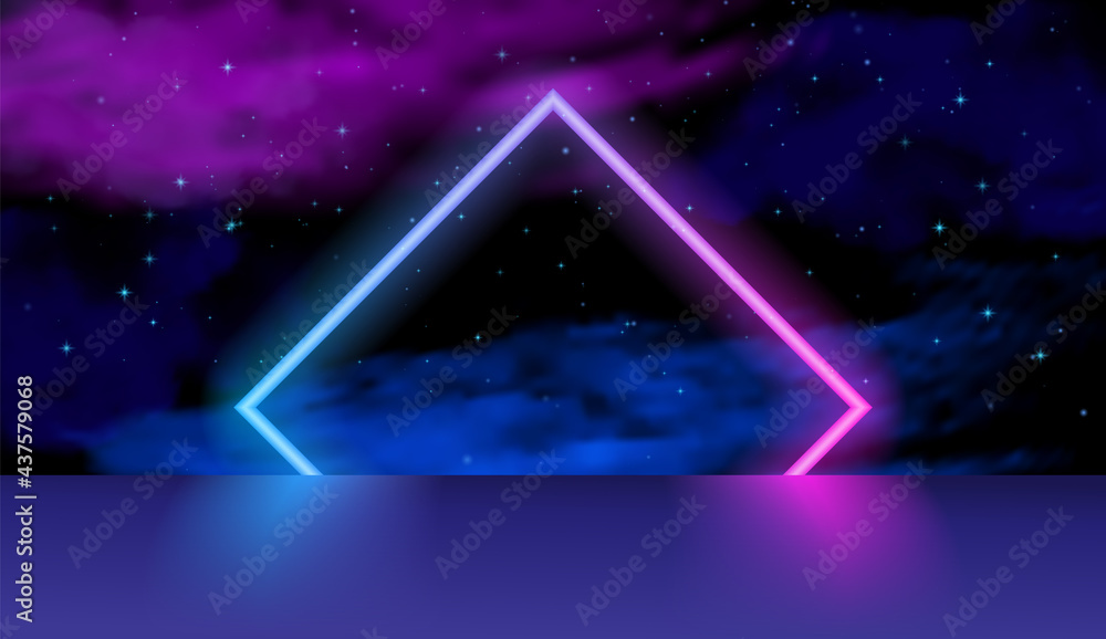 Podium. Glowing neon blue rhombus with sparkles stars in fog. Abstract electric light frame on black background. Geometric fashion design vector illustration. Empty minimal art decoration. Podium. Glowing neon blue rhombus with sparkles stars in fog. Abstract electric light frame on black background. Geometric fashion design vector illustration. Empty minimal art decoration.