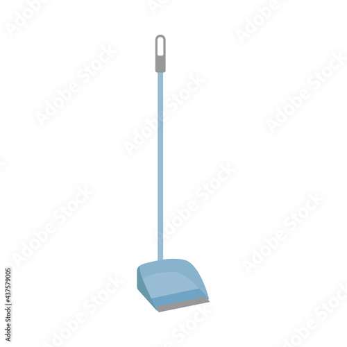 Flat cleaning item, plastic dust pan for cleaning. Blue long handle dustpan icon. Cleaning service concept. Stock vector illustration isolated on white background. Can be used as a symbol or sign.