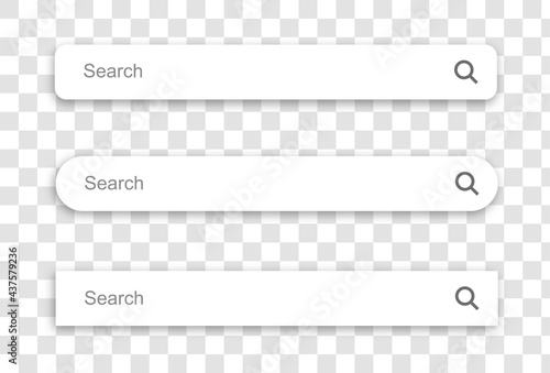 Set of search engine box user interface. Search bar with shadow on transparent background. Neumorphism design. Vector illustration.