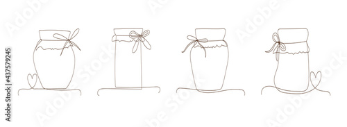 Set line art glass canning jars. Preserved food, jars for jam, for honey, autumn and winter preservation. Simple sketch, black line, doodle, outline style, linear silhouette, one line drawing style.