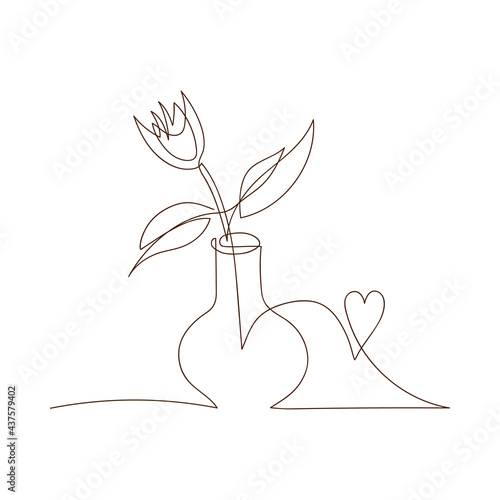 Simple sketch of tulip in a vase, black line, doodle style. One flower in a vase with heart line art icon, outline style, tulip silhouette, symbol or sign. Simple illustration one line drawing style