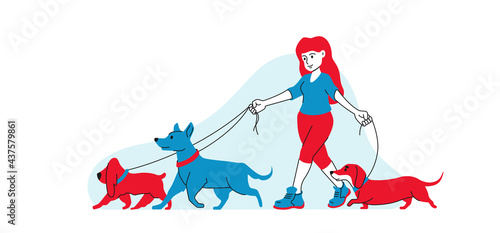 Girl walks with dogs holding them by the leash. Dogs walking flat line graphic style