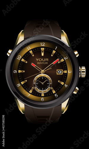 Realistic vector of clock watch chronograph grey steel gold dashboard face white number text design luxury elegance for men on black background.