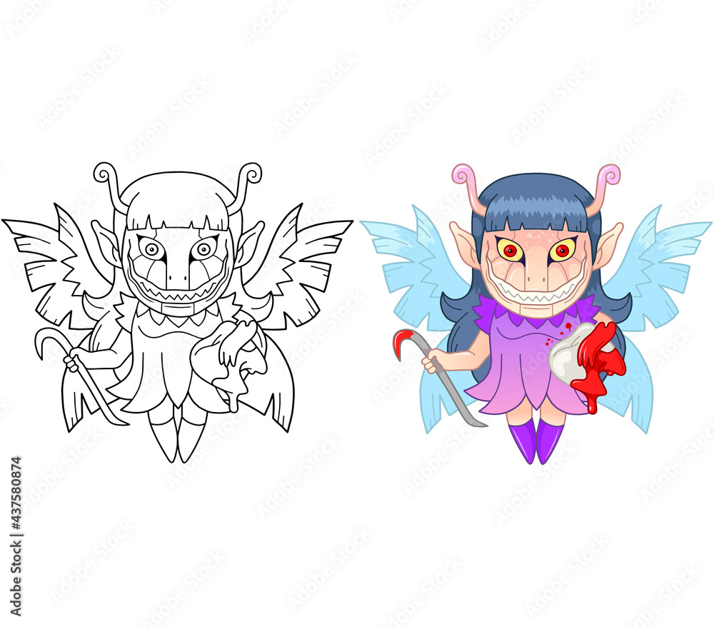 cartoon evil tooth fairy, coloring page, funny illustration