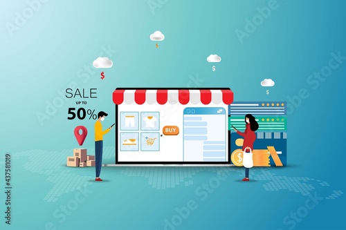Concept of online shopping, young man and woman wear a face mask and chat with customer service near a big screen of laptop that contain list of products, credit card, customer rating and reviews.