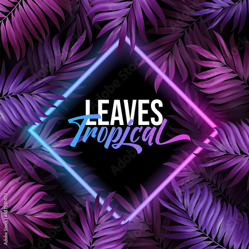 Tropic Palm leaves and neon frame for summer night jungle party poster or background. Dark tropical illustration for beach nightclub or bar flyer.