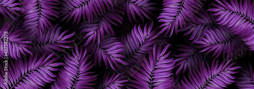 Jungle Purple Colored Background. Tropic Plants. Tropical Neon Palm Leaves Seamless Pattern. Summer Exotic Botanical Foliage Design. Wallpaper Vector.