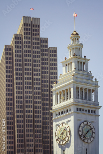 Close up of the Clock Tower of San Francisco Ferry Building and Embarcadero Center