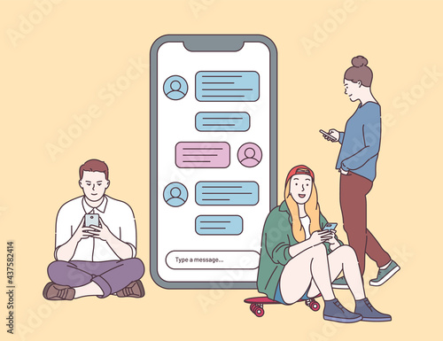 Group chat, chat messages, online communication concept. Young people talking, typing, chatting with phones. Flat vector illustration