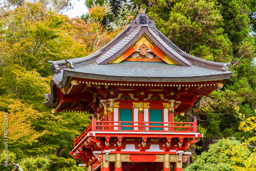 Close up of the red temple in Japanese Tea Garden (Golden Gate Park), San Francisco