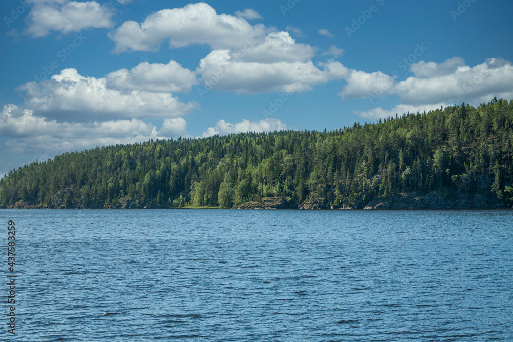 Lake against the background of the forest and blue sky with clouds Lake against the background of the forest and blue sky with clouds