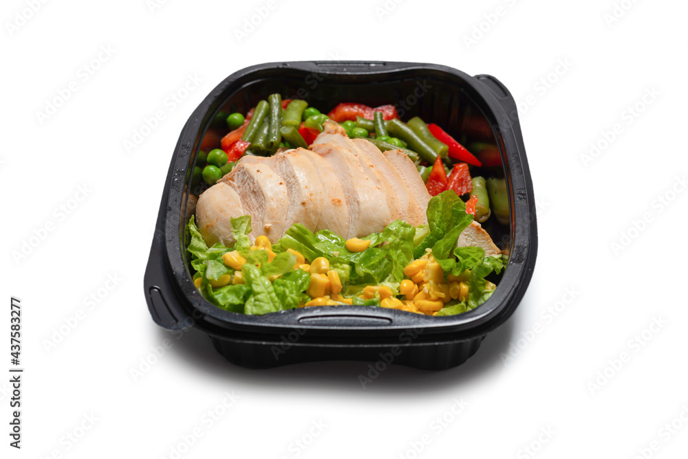 Ready food in a container. Stewed chicken, stewed vegetables. Ready food in a container. Stewed chicken, stewed vegetables.