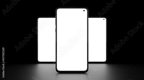 Mockup of three cell phones with front view and black background. Reflection of the screens on the floor. Ideal for placing examples of web design or applications. Three-dimensional illustration.